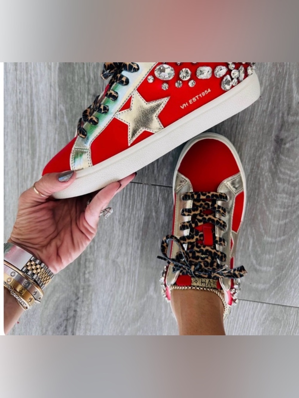 Vintage Havana x Walker Rose Crystal Sneakers Red Gold Star Leopard Lace NIB 6.5 - Picture 3 of 8